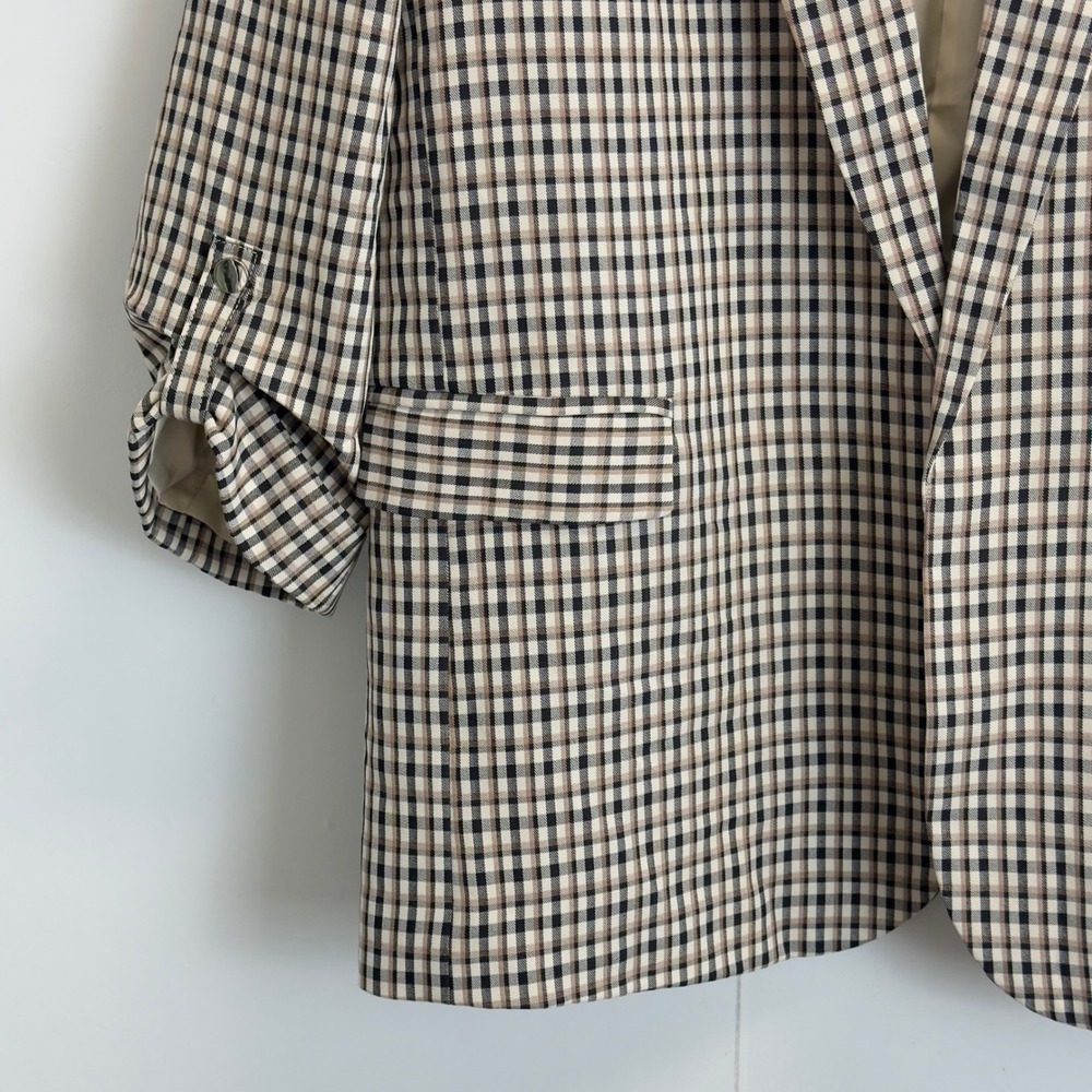 Entro Women Medium Brown Plaid Ruched 3/4 Sleeve Open Front Blazer Jacket - Picture 4 of 8